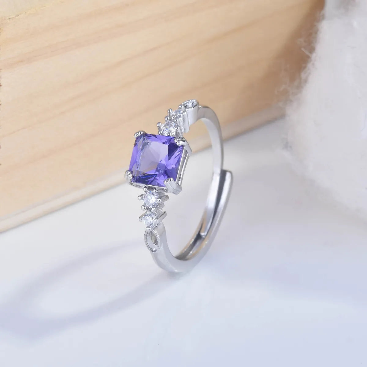 classic three-stone engagement rings for women -Square Diamond Amethyst Open Ring Small And Versatile Color Treasure Ring