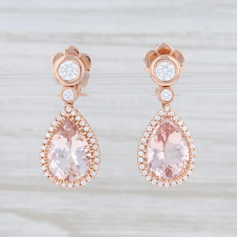 women's boho earrings -New 3.98ctw Morganite Diamond Halo Earrings 14k Rose Gold Teardrop Dangles