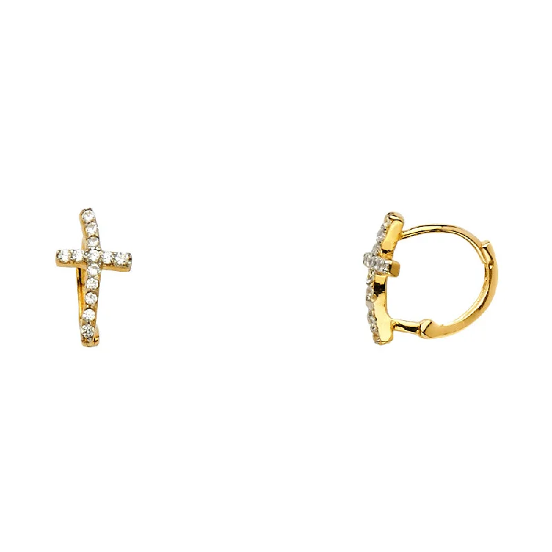 women's animal earrings -14K Y Curved CZ Cross Huggies Earrings