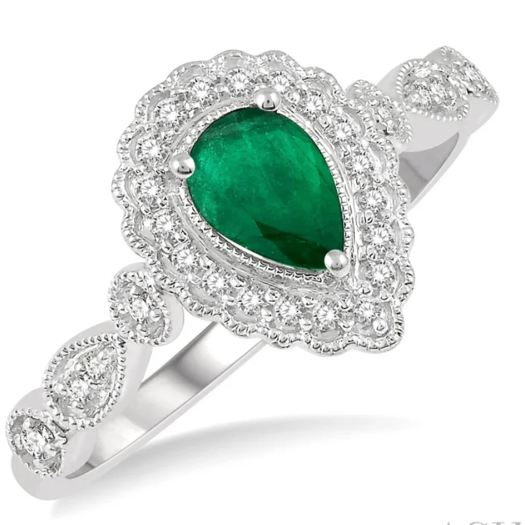 cushion cut engagement rings for women -10K White Gold Pear Shaped Emerald and Diamond Halo Ring