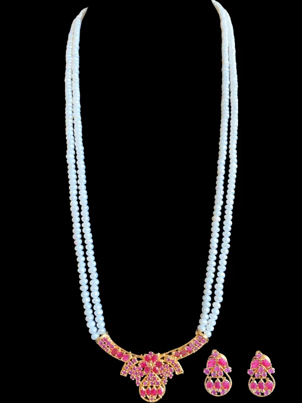 women's geometric pendant necklace -LN133 Ruby long  necklace  set in fresh water pearls ( READY TO SHIP )