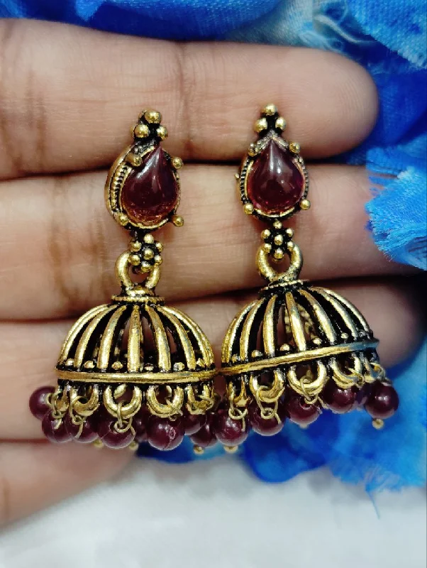 women's flower earrings -Mesmerizing Maroon Color Antique Gold Drop Design Earrings For Women