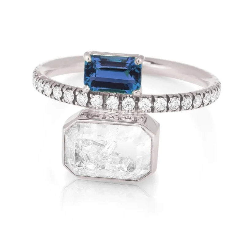 women's engagement rings with rubies -Moritz Glik Emerald cut Blue Sapphire and Diamond Shaker Ring