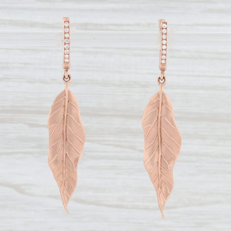 women's trendy earrings -New Leaf Dangle Earrings 14k Rose Gold Diamond Accents Pierced Drops