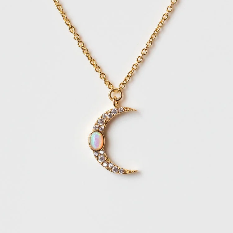 women's gold pendant necklace -Crescent Moon Necklace with Opal and CZ