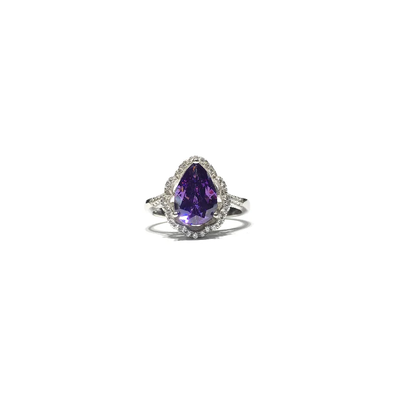 women's birthstone ring -Purple Pear CZ Framed Ring (Silver)