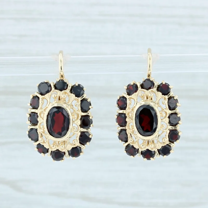 women's hoop gold earrings -4.50ctw Garnet Drop Earrings 18k Yellow Gold Vintage Filigree Lever Back Pierced