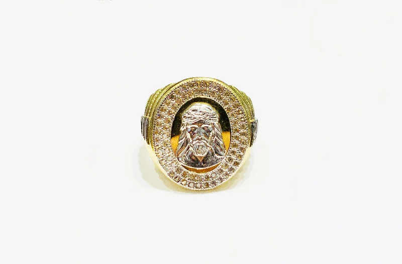 women's animal-shaped ring -Two-tone Jesus Head CZ Ring (14K).