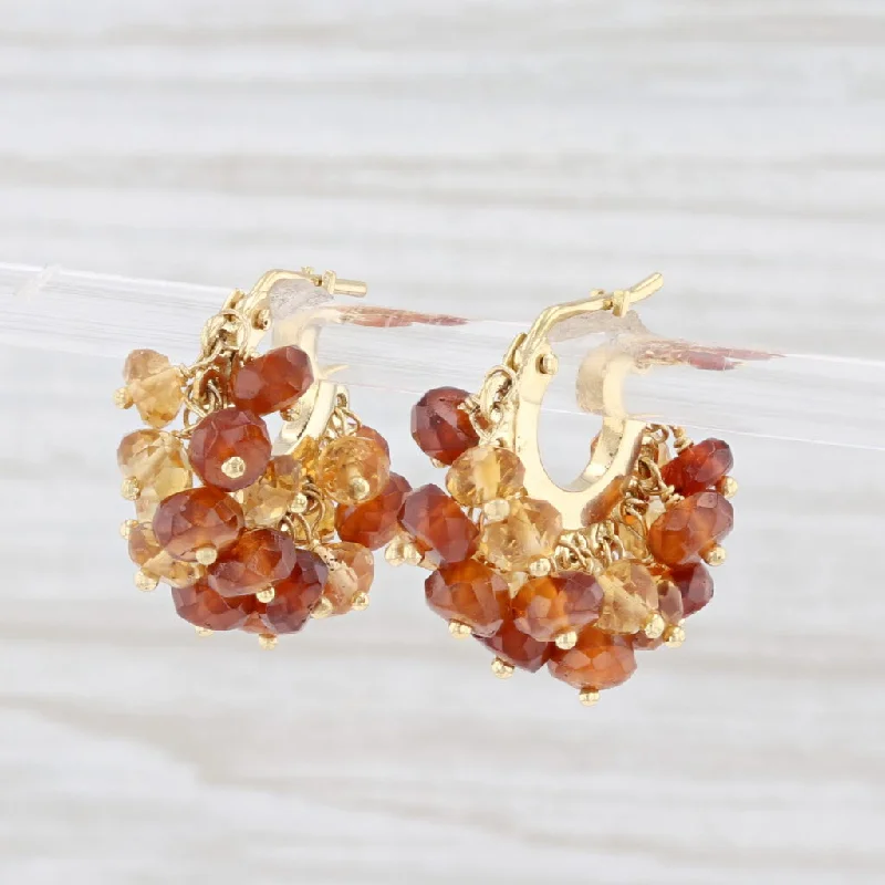 women's chic earrings -Talisman Hessonite Garnet Citrine Bead Hoop Earrings 18k Yellow Gold Snap Top