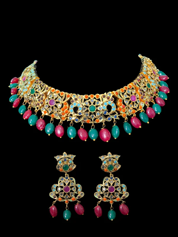 women's emerald necklace -NS338 Heena necklace set in Navratan   ( READY TO SHIP)