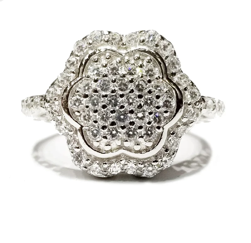 women's engraved ring -Flower CZ Ring (Sterling Silver)