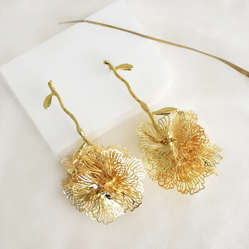 women's vintage diamond earrings -Textured Flower Drop Statement Earring