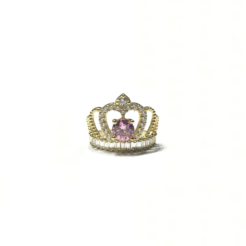 women's opal ring -Pink Stone Queen Crown CZ Ring (14K)