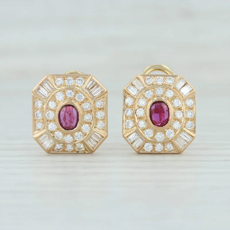 women's geometric hoop earrings -2.30ctw Ruby Diamond Halo Earrings 14k Yellow Gold Pierced Omega Backs