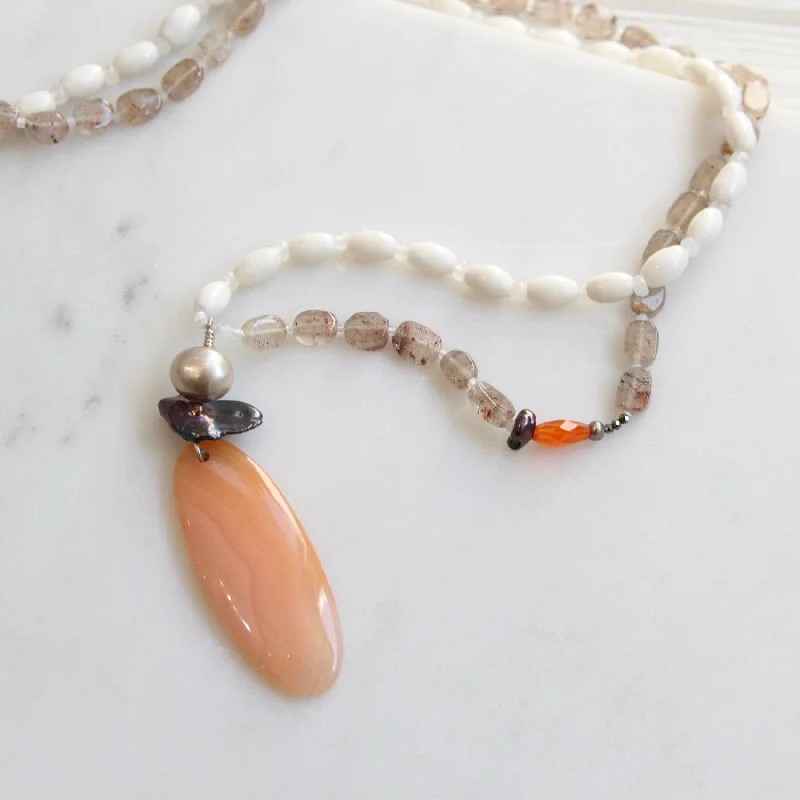 women's stylish necklace -Agate & Bone Necklace with Pearl & Carnelian Pendant