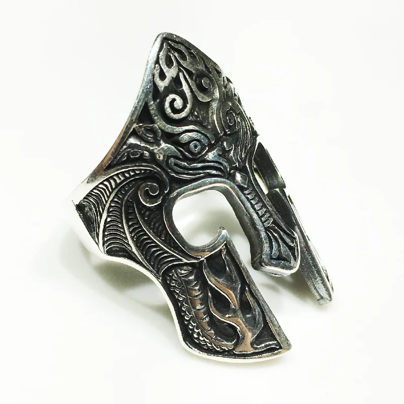 women's delicate gemstone ring -Antique-Finish Spartan Helmet Ring (Silver)