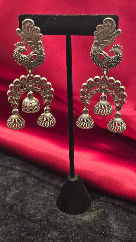 women's diamond earrings -Antique Peacock Design Earrings With Maroon Stones