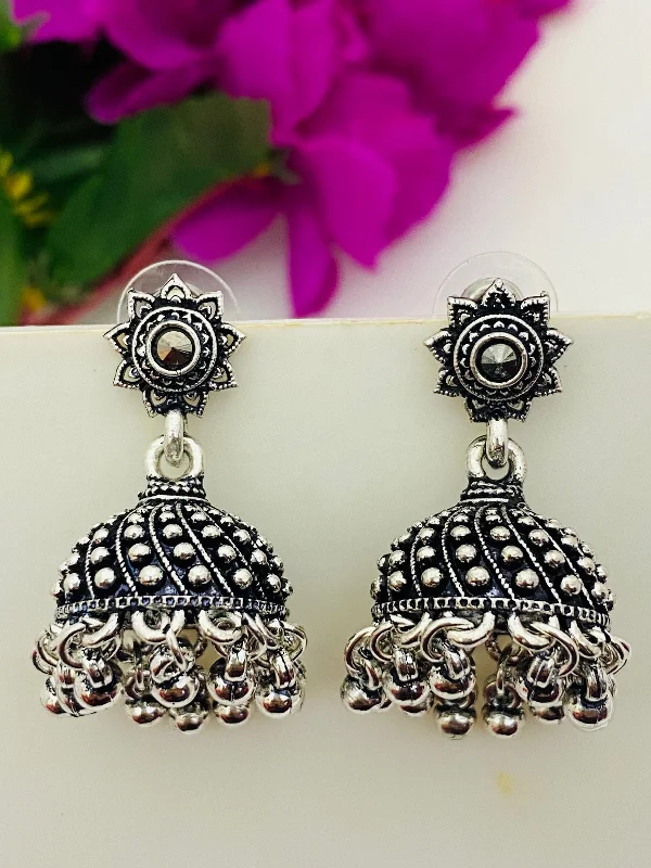 women's animal earrings -Dazzling Floral  Oxidized Silver Plated Jhumka Earrings with Pearl Drops