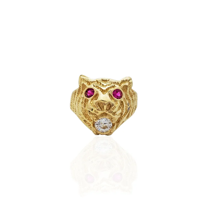 women's statement ring -Yellow Gold Baby Tiger Head CZ Ring (10K)