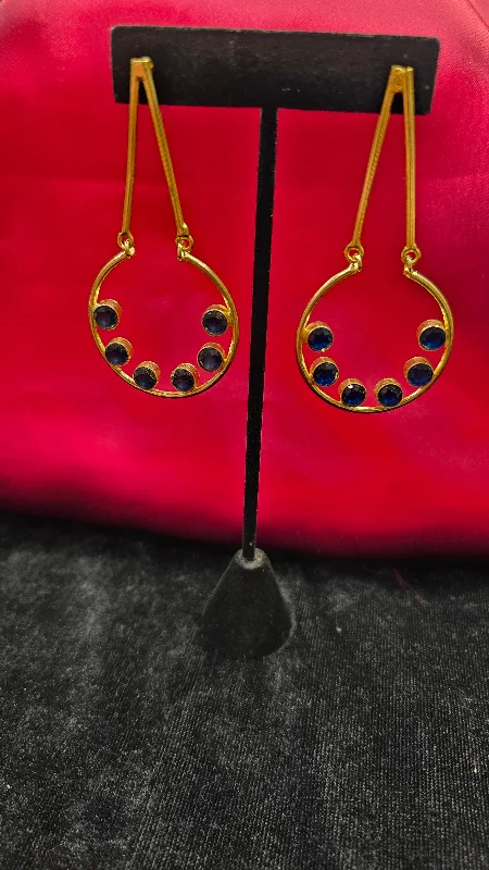 women's flower earrings -Round Blue Color Gold Plated Earrings