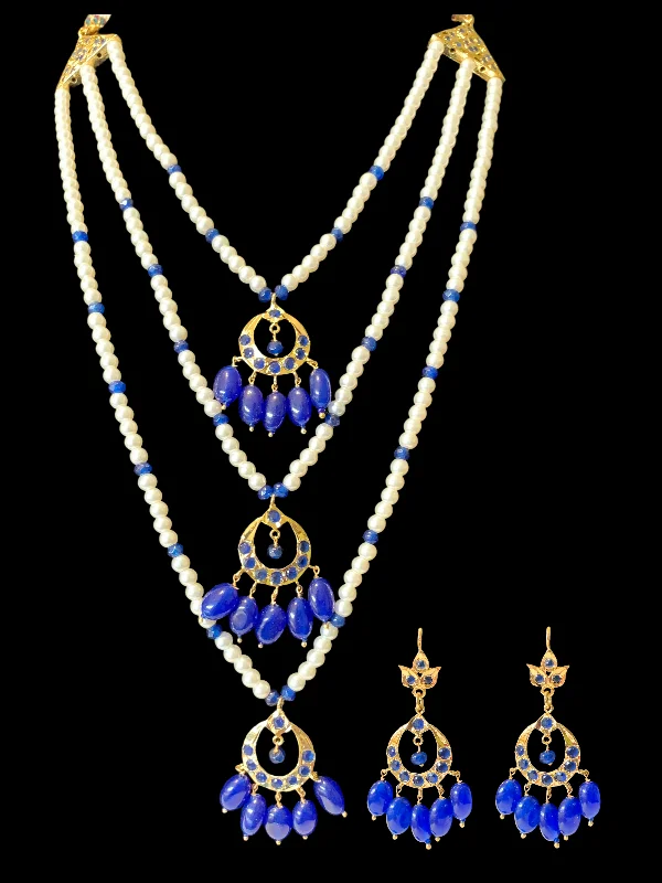 women's heart-shaped necklace -SAT69 Seema three layer  necklace with chandbali- Blue ( READY TO SHIP )