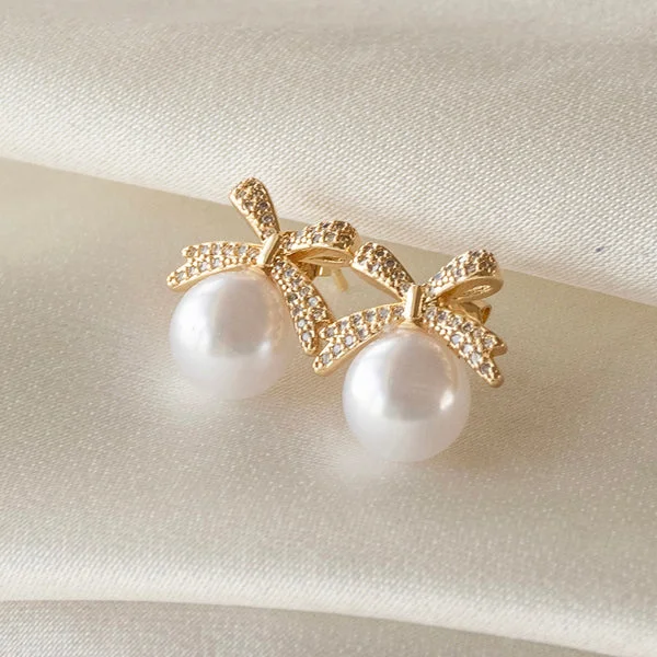 women's butterfly earrings -Pearl Bow Studs