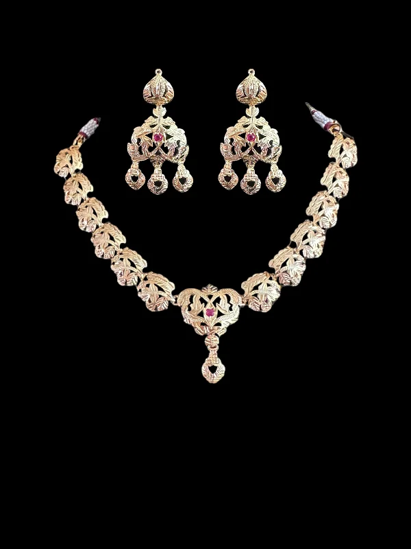 women's rose gold necklace -Traditional jadau Necklace with earrings in gold plated silver ( READY TO SHIP)