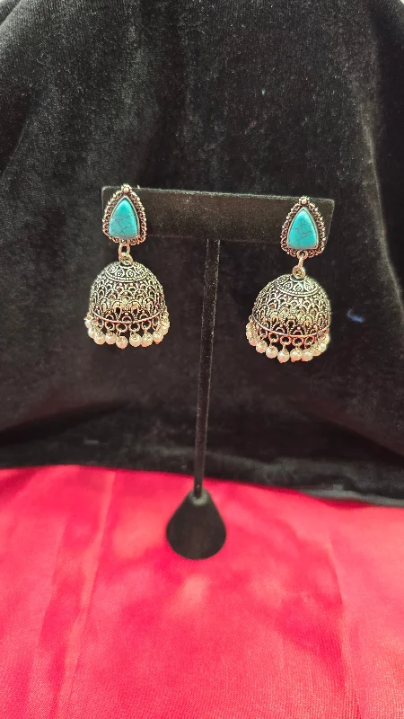 women's platinum earrings -Beautiful Teal Green Colored Oxidized Jhumkas