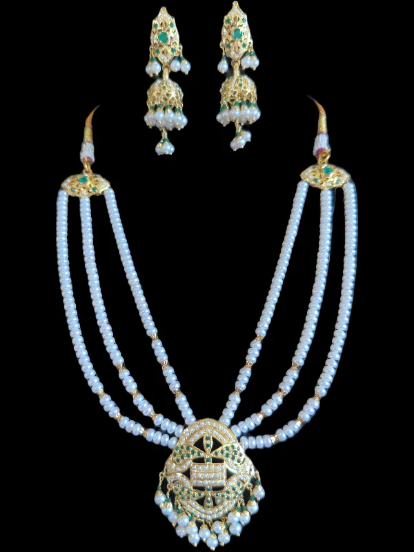 women's chain necklace -Emerald pearl short jadau necklace with jhumka earrings in gold plated silver ( READY TO SHIP)