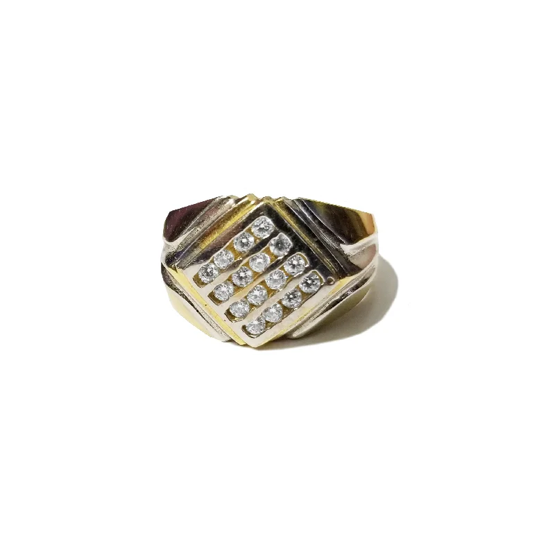 women's geometric ring -Diagonal CZ Crystals Two-Toned Gold Ring (14K)