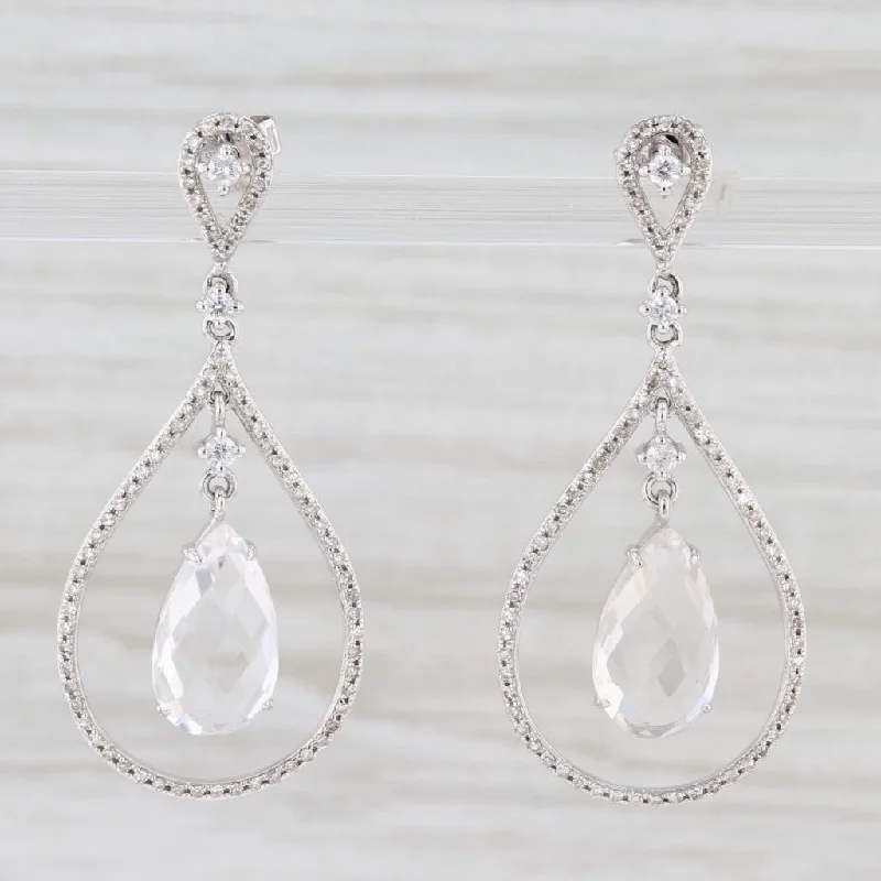 women's teardrop earrings -New Quartz & Diamond Halo Teardrop Earrings 14k White Gold Pierced Dangles