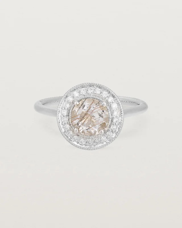 classic three-stone engagement rings for women -Imogen Halo Ring | Rutilated Quartz & Diamonds