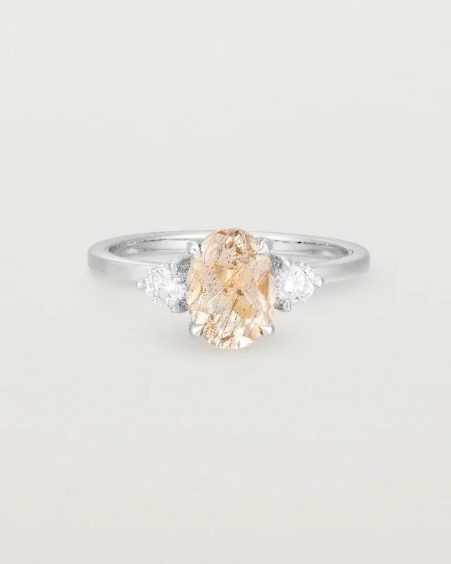 rose gold engagement rings with diamonds for women -Una Oval Trio Ring | Rutilated Quartz & Diamonds