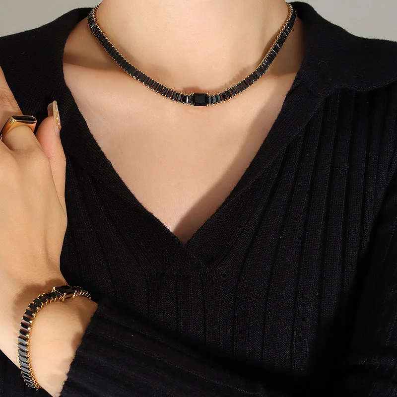 P1234-Black Zircon Necklace-40+5cm