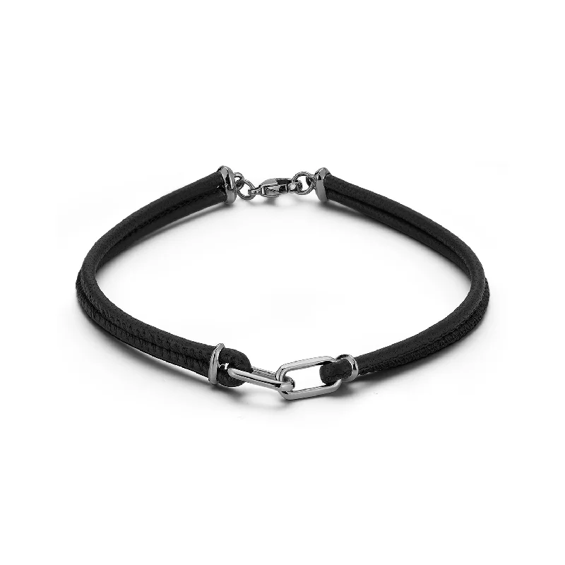 women's pearl and diamond bracelet -SAXON STERLING SILVER AND BLACK RHODIUM DOUBLE LINK NAPA LEATHER BRACELET