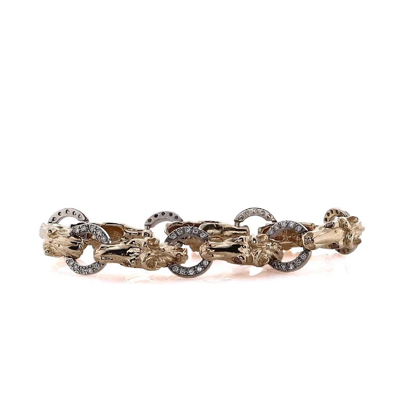 women's crystal bangle -Estate 14 Karat Two Tone Alternating Horse Head and Bit Diamond Bracelet