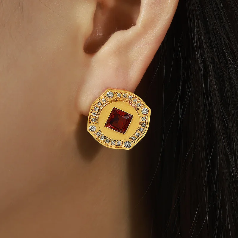 Gold Inlaid Red Zircon Side Earrings