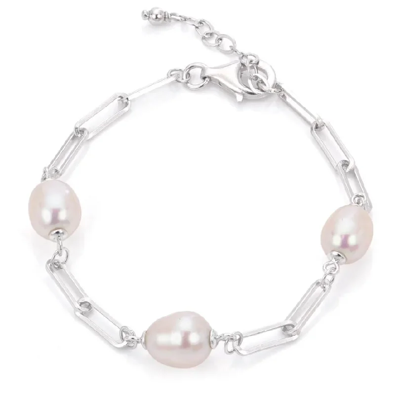 women's birthstone bracelet -Freshwater Pearl and Paperclip Chain Bracelet