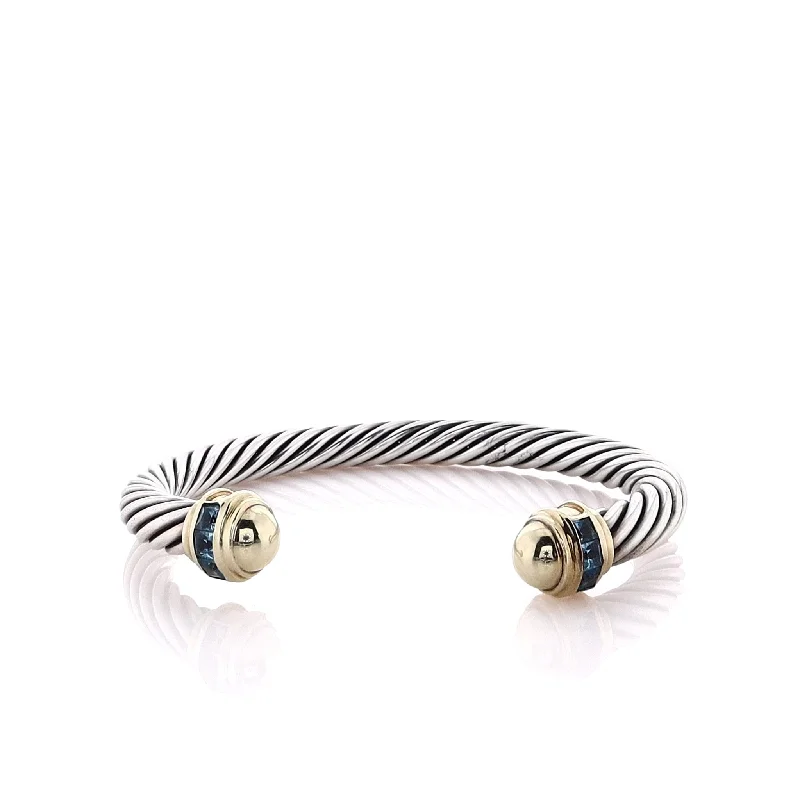 women's bridal bracelet -Estate David Yurman Two-Tone Cable Design Blue Topaz Cuff Bracelet