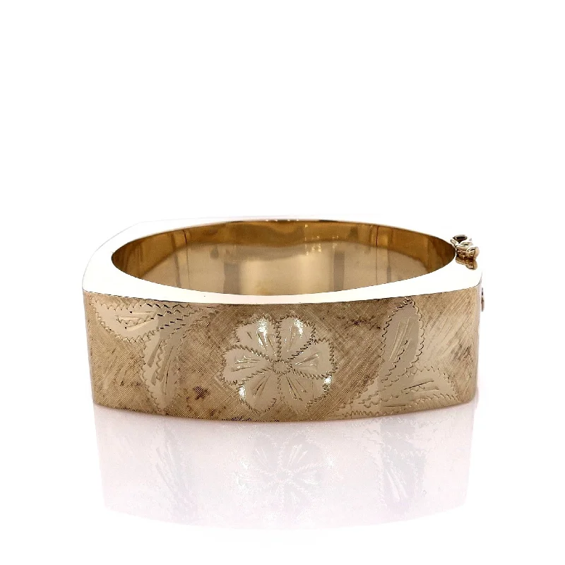 women's large gold bangle -Estate 14k Yellow Gold Florentine Engraved Flower Design Wide Bangle Bracelet