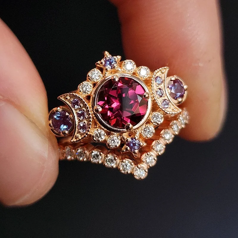 cushion cut engagement rings for women -Selene Moon Goddess Ring Set - Rhodolite Garnet with Chatham Alexandrite and White Diamonds - 14k Rose Gold with Pave Diamond Chevron