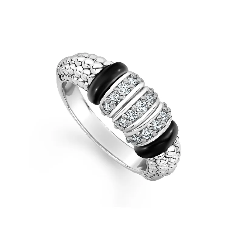 affordable vintage engagement rings for women -Lagos Sterling Silver Black Caviar Diamond 3 Link Fashion Ring