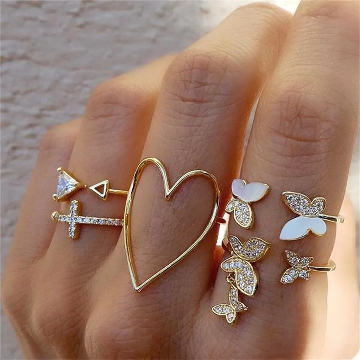 timeless solitaire engagement rings for women -Fashion Triangle Love Heart Full Diamond Butterfly Ring 5-piece Set Creative Retro Female Ring