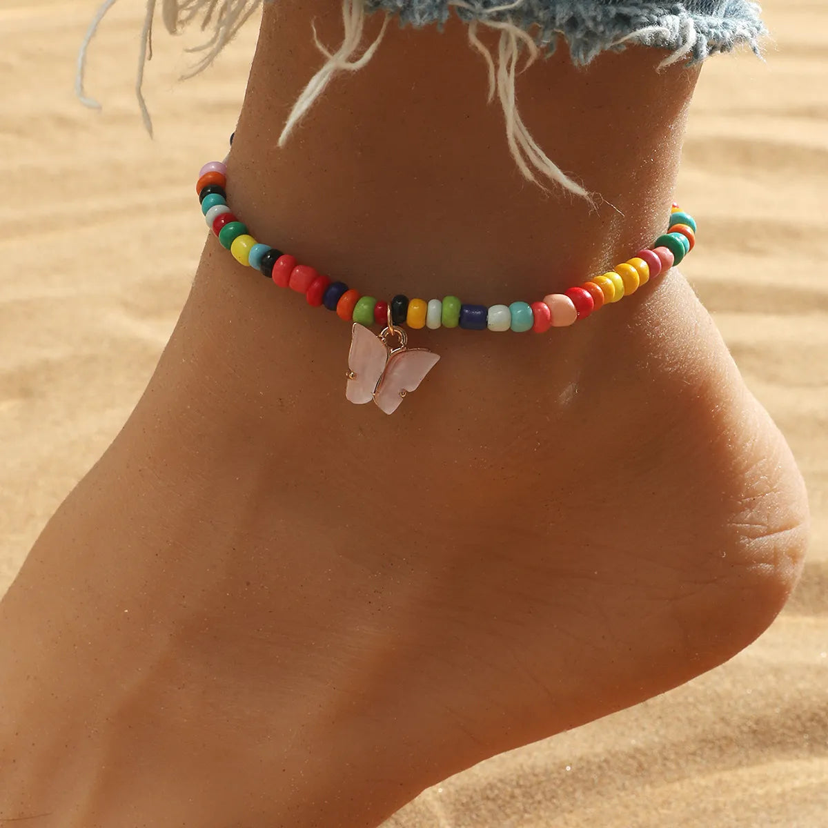 women's pearl bracelet -European And American Retro Fashion Butterfly Color Beaded Beach Anklet Bracelet Bohemian Ethnic Style Bead Foot Ornaments Women