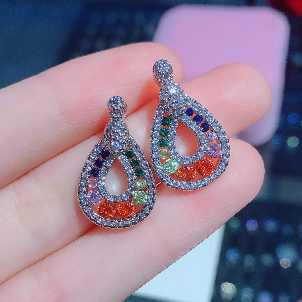 New Colorful Simulation Tourmaline Earrings Design Full Of Diamond Droplets Pear-Shaped Rainbow Color Earrings