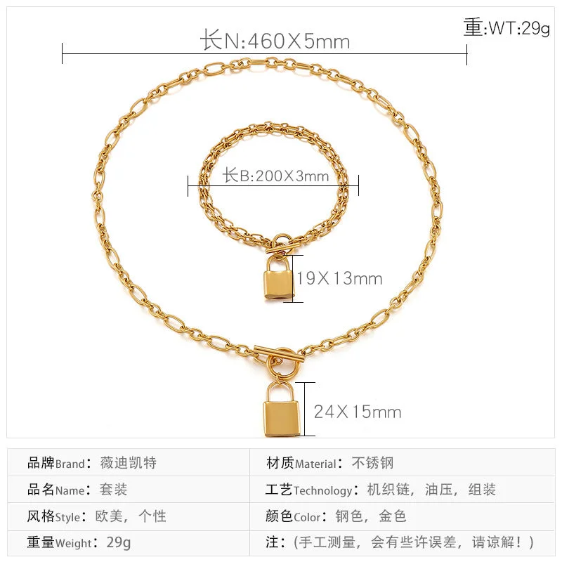 women's statement bracelet -Stainless Steel Polished Lock Bracelet Necklace Set Oval Type Chain Fashion Set