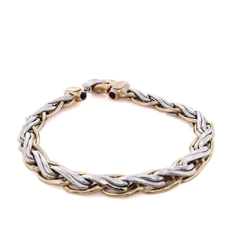 women's romantic bracelet -Estate 14 Karat Two-Tone Braided White and Yellow Gold Twist Sapphire Bracelet