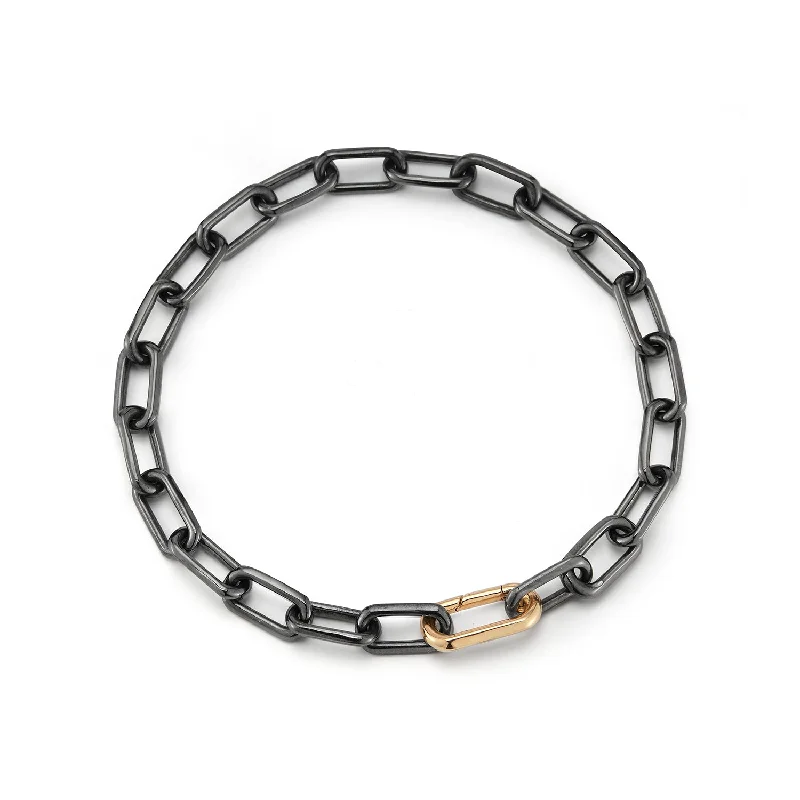 women's diamond bracelet -SAXON BLACK RHODIUM LINK BRACELET WITH 18K ROSE GOLD ELONGATED SPRING LOADED CLASP