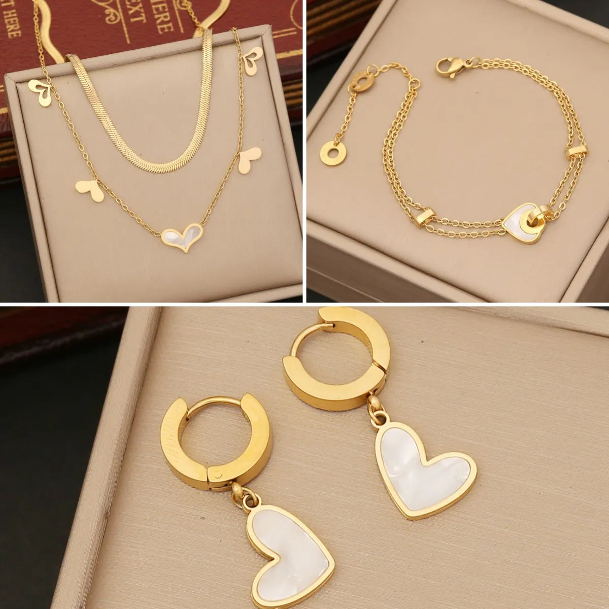 women's designer bracelet -Fashion Heart Shape Stainless Steel Plating Hollow Out Inlay Shell Bracelets Earrings Necklace