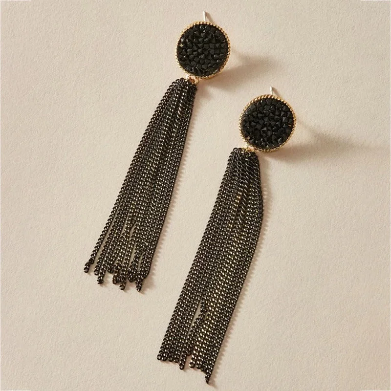 Medical Steel Needle-Black & Rhimestone Tassel Eardrops